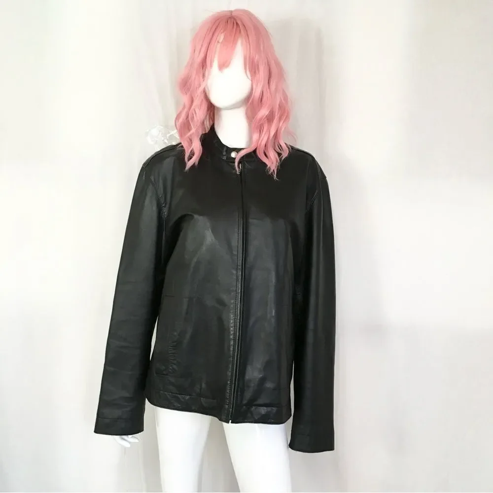 INC Black 100% Genuine Leather Center Zipper Motorcycle Jacket L